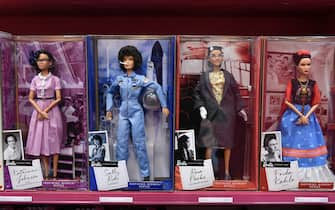 PARIS, FRANCE - NOVEMBER 06: The 'Inspiring Women Series' Barbie Signature Doll of Katherine Johnson, Sally Ride, Rosa Parks and Frida Kahlo are seen during the "Barbie's Dream House" at Galeries Lafayette Haussmann on November 06, 2019 in Paris, France. (Photo by Kristy Sparow/Getty Images)