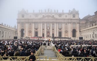 VATICAN CITY, VATICAN - JANUARY 05: A general view shows the start of funeral mass of Pope Emeritus Benedict XVI at St. Peter's square on January 5, 2023 in Vatican City, Vatican. Joseph Aloisius Ratzinger was born in Marktl, Bavaria, Germany in 1927. He became Pope Benedict XVI, serving as head of the Catholic Church and the sovereign of the Vatican City State from 19 April 2005 until his resignation, due to ill health, on 28 February 2013. He succeeded Pope John Paul II and was succeeded by the current Pope Francis. He died on 31 December 2022 aged 95 at the Mater Ecclesiae Monastery in Vatican City. (Photo by Antonio Masiello/Getty Images)