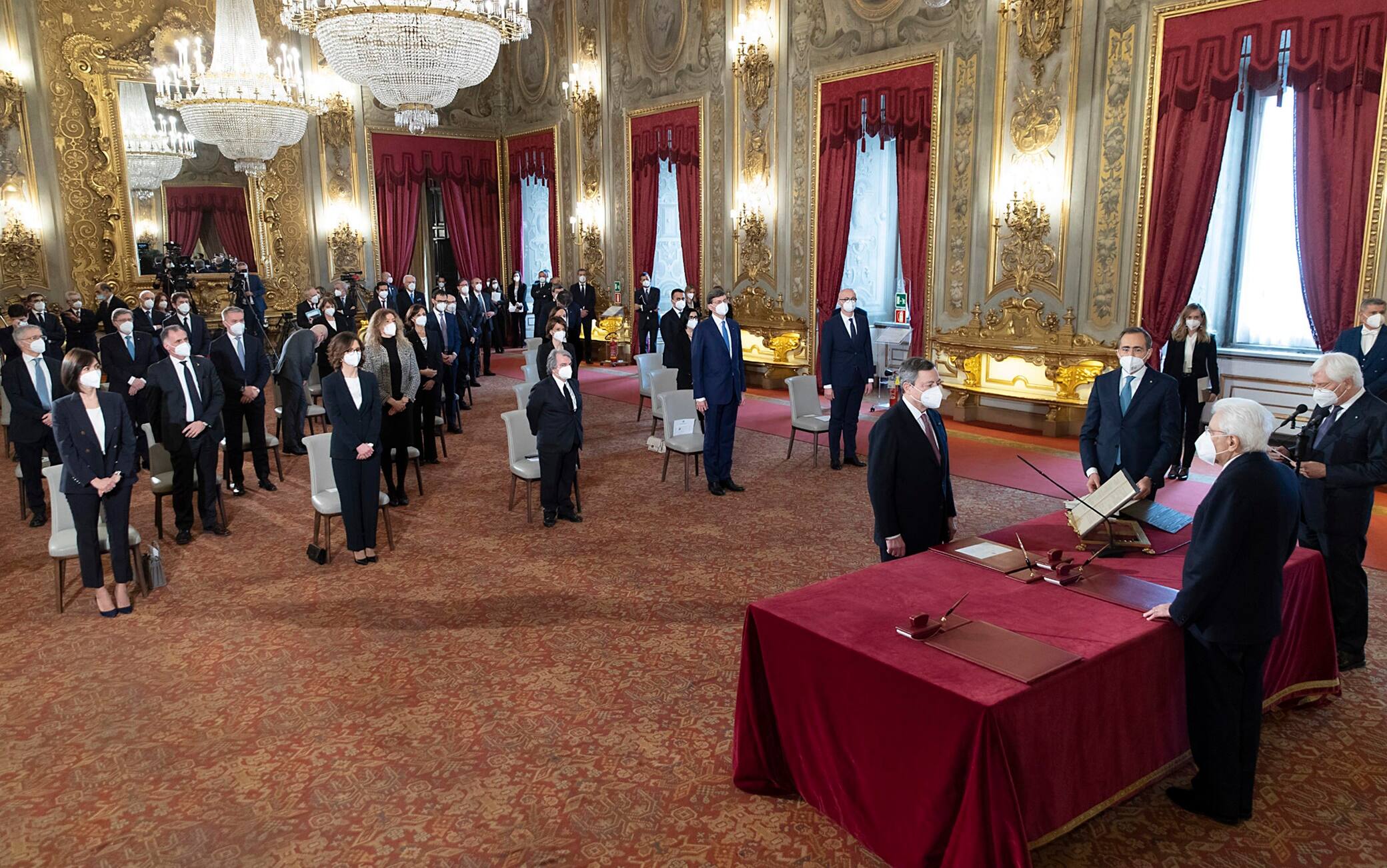 Prime Minister designate Mario Draghi with Italian President Sergio Mattarella (R) during new government swearing-in ceremony at Quirinal Palace, Rome, 13 February 2021. ANSA/PAOLO GIANDOTTI/QUIRINALE PRESS OFFICE +++ NO SALES, EDITORIAL USE ONLY +++