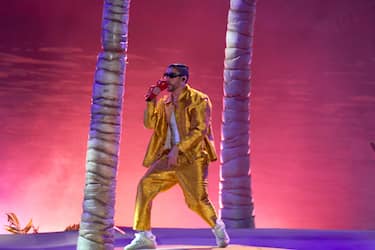 MEXICO CITY, MEXICO - DECEMBER 10: Bad Bunny performing during his second concert at Azteca Stadium, as a part of World Hottest Tour, on December 10, 2022 in Mexico City, Mexico. (Photo by Medios y Media/Getty Images)