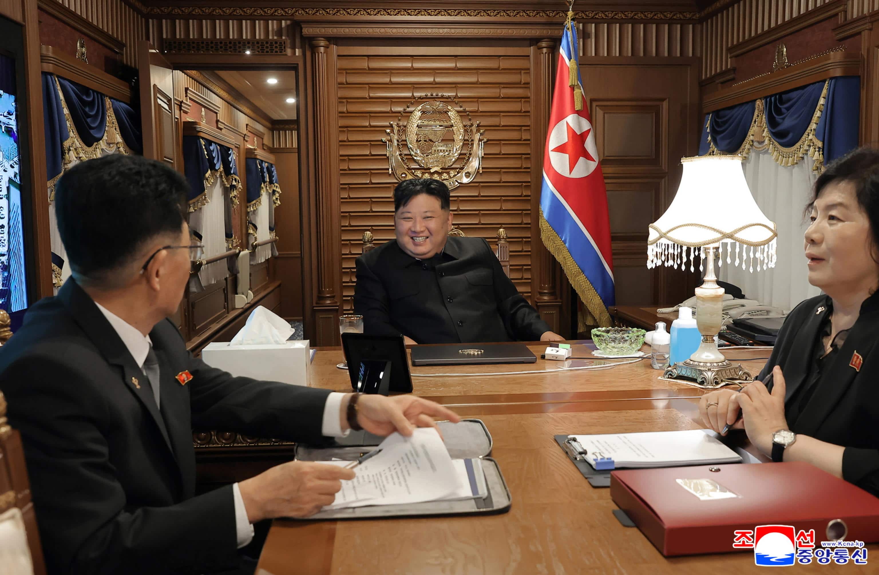 epaselect epa12344641 A photo released by the official North Korean Central News Agency (KCNA) shows North Korean leader Kim Jong Un (C) on his private train in Pyongyang, North Korea, 01 September 2025 (issued 02 September 2025). The North Korean leader departed on 01 September on his private train to Beijing to attend celebrations marking the 80th anniversary of the victory of the Chinese People