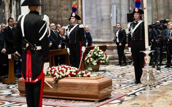 The state funeral of Italy's former prime minister and media mogul, Silvio Berlusconi, held in the Milan Cathedral (Duomo), Milan, northern Italy, 14 June 2023. Silvio Berlusconi died at the age of 86 on 12 June 2023 at Milan's San Raffaele hospital. The Italian media tycoon and Forza Italia (FI) party founder, dubbed as 'Il Cavaliere' (The Knight), served as prime minister of Italy in four governments. The Italian government has declared 14 June 2023 a national day of mourning.
ANSA/ CHIGI PALACE PRESS OFFICE/ FILIPPO ATTILI
+++ ANSA PROVIDES ACCESS TO THIS HANDOUT PHOTO TO BE USED SOLELY TO ILLUSTRATE NEWS REPORTING OR COMMENTARY ON THE FACTS OR EVENTS DEPICTED IN THIS IMAGE; NO ARCHIVING; NO LICENSING +++ NPK +++