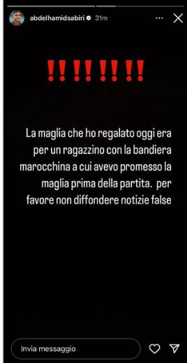 La storia pubblicata su Instagram da Sabiri