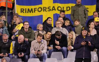 epa10922610 Swedish fans in the stands during the UEFA EURO 2024 group F qualification round match between Belgium and Sweden in Brussels, Belgium, 16 October 2023. The match has been suspended due to a terrorist attack by a gunman that killed two Swedes elsewhere in Brussels.  EPA/OLIVIER MATTHYS