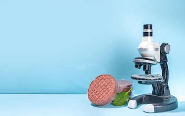 Lab grown meat alternatives concept, Various laboratory grown meat types red and white meat with microscope, laboratory accessories, measuring utensil