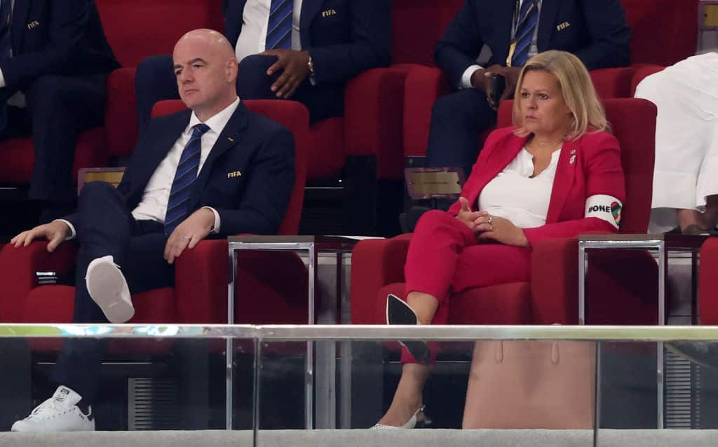 DOHA, QATAR - NOVEMBER 23: FIFA PrÃ¤sident Gianni Infantino with Nancy Faeser with one Love bind  during the FIFA World Cup Qatar 2022 Group E match between Germany and Japan at Khalifa International Stadium on November 23, 2022 in Doha, Qatar. (Photo by Stefan Matzke - sampics/Corbis via Getty Images)