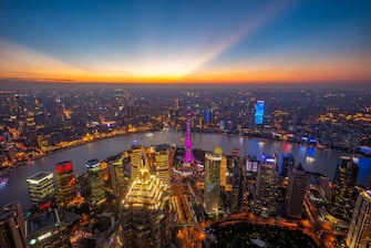 Aerial view of shanghai by the sunset