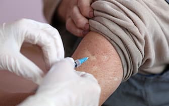 RYAZAN  REGION, RUSSIA - OCTOBER 26, 2020: A feldsher (paramedical practitioner) administers a flu vaccine to a patient in a rural medical centre in the village of Panino, Spassk-Ryazansky District, during the COVID-19 pandemic. Alexander Ryumin/TASS/Sipa USA