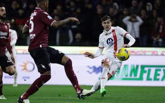 Monzaâ&#x80;&#x99;s Italian forward Daniel Maldini celebrates after scoring a goal during the Serie A football match between Unione Sportiva Salernitana vs Monza at the Arechi Stadium in Salerno on February 24, 2024.