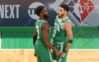 BOSTON, MA - APRIL 20: Jaylen Brown #7 and Jayson Tatum #0 of the Boston Celtics celebrate against the Brooklyn Nets during Round 1 Game 2 of the 2022 NBA Playoffs on April 20, 2022 at the TD Garden in Boston, Massachusetts.  NOTE TO USER: User expressly acknowledges and agrees that, by downloading and or using this photograph, User is consenting to the terms and conditions of the Getty Images License Agreement. Mandatory Copyright Notice: Copyright 2022 NBAE  (Photo by Nathaniel S. Butler/NBAE via Getty Images)