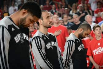 PORTLAND, OR - MAY 12: Manu Ginobili #20, Tim Duncan #21 and Tony Parker #9 of the San Antonio Spurs before Game Four of the Western Conference Semifinals between the Portland Trail Blazers and the San Antonio Spurs during the 2014 NBA Playoffs on May 12, 2014 at the Moda Center in Portland, Oregon. NOTE TO USER: User expressly acknowledges and agrees that, by downloading and/or using this Photograph, user is consenting to the terms and conditions of the Getty Images License Agreement. Mandatory Copyright Notice: Copyright 2013 NBAE (Photo by Garrett W. Ellwood/NBAE via Getty Images)