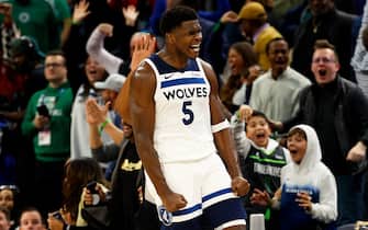 MINNEAPOLIS, MINNESOTA - NOVEMBER 06: Anthony Edwards #5 of the Minnesota Timberwolves celebrates his basket against the Boston Celtics in overtime at Target Center on November 06, 2023 in Minneapolis, Minnesota. The Timberwolves defeated the Celtics 114-109 in overtime. NOTE TO USER: User expressly acknowledges and agrees that, by downloading and or using this photograph, User is consenting to the terms and conditions of the Getty Images License Agreement. (Photo by David Berding/Getty Images)