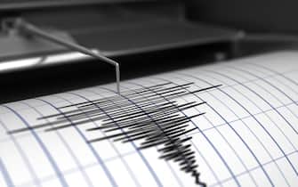 Seismograph with paper in action and earthquake - 3D Rendering