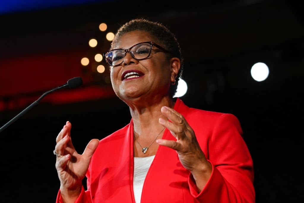 Los Angeles mayoral candidate and US Rep. Karen Bass (D-CA) speaks during an election night party with the Los Angeles County Democratic Party at the Hollywood Palladium in Los Angeles, November 8, 2022. (Photo by Patrick T. FALLON / AFP) (Photo by PATRICK T. FALLON/AFP via Getty Images)