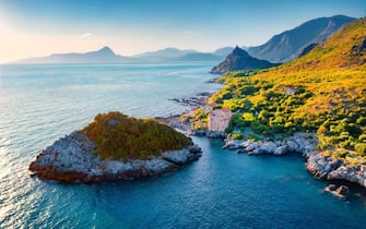Bright summer view from flying drone of scenic spot - La Secca, Maratea Castrocucco location, Italy, Europe. Spectacular summer seascape of Mediterran