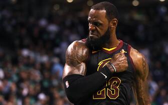 BOSTON, MA - MAY 27: LeBron James #23 of the Cleveland Cavaliers reacts during Game Seven of the 2018 NBA Eastern Conference Finals against the Boston Celtics at TD Garden on May 27, 2018 in Boston, Massachusetts. (Photo by Maddie Meyer/Getty Images)