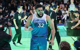 INDIANAPOLIS, IN - FEBRUARY 17: Karl-Anthony Towns #32 of the Minnesota Timberwolves celebrates during the Starry 3-point contest as a part of State Farm All-Star Saturday Night on Saturday, February 17, 2024 at Lucas Oil Stadium in Indianapolis, Indiana. NOTE TO USER: User expressly acknowledges and agrees that, by downloading and/or using this Photograph, user is consenting to the terms and conditions of the Getty Images License Agreement. Mandatory Copyright Notice: Copyright 2024 NBAE (Photo by Jeff Haynes/NBAE via Getty Images)