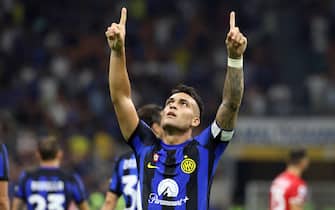 Inter Milan s Lautaro Martinez jubilates after scoring goal of 2 to 0 during the Italian serie A soccer match between Fc Inter  and Monza Giuseppe Meazza stadium in Milan, 19 August 2023.
ANSA / MATTEO BAZZI
