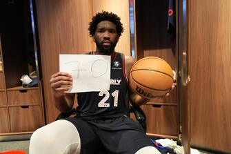 PHILADELPHIA, PA - JANUARY 22: Joel Embiid #21 of the Philadelphia 76ers poses for a photo after setting a new franchise record of 70 points after the game against the San Antonio Spurs on January 22, 2024 at the Wells Fargo Center in Philadelphia, Pennsylvania NOTE TO USER: User expressly acknowledges and agrees that, by downloading and/or using this Photograph, user is consenting to the terms and conditions of the Getty Images License Agreement. Mandatory Copyright Notice: Copyright 2024 NBAE (Photo by Jesse D. Garrabrant/NBAE via Getty Images)