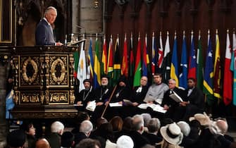 Britain's King Charles III delivers his Commonwealth Day message during the Commonwealth Day service ceremony, at Westminster Abbey, in London, on March 13, 2023. (Photo by Jordan Pettitt / POOL / AFP) (Photo by JORDAN PETTITT/POOL/AFP via Getty Images)