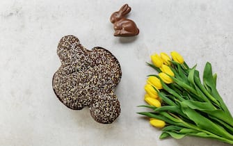 Traditional Italian Easter Cake with chocolate, Colomba di Pasqua or Easter Dove.