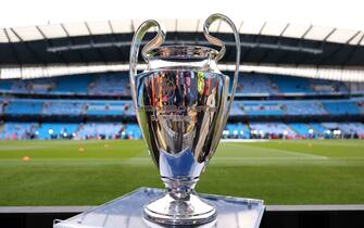 MANCHESTER, ENGLAND - MAY 17:  General view of the UEFA Champions League trophy during the UEFA Champions League semi-final second leg match between Manchester City FC and Real Madrid at Etihad Stadium on May 17, 2023 in Manchester, United Kingdom. (Photo by Marc Atkins/Getty Images)