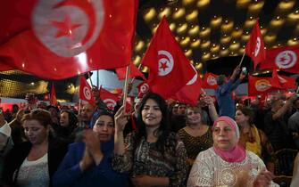 epa10601720 Members of the Tunisian General Labour Union (UGTT) a celebration of the International Labor Day in Tunis, Tunisia, 01 May 2023. Labour Day or May Day is observed all over the world on the first day of May to celebrate the economic and social achievements of workers and fight for laborers rights.  EPA/MOHAMED MESSARA