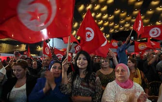 epa10601720 Members of the Tunisian General Labour Union (UGTT) a celebration of the International Labor Day in Tunis, Tunisia, 01 May 2023. Labour Day or May Day is observed all over the world on the first day of May to celebrate the economic and social achievements of workers and fight for laborers rights.  EPA/MOHAMED MESSARA