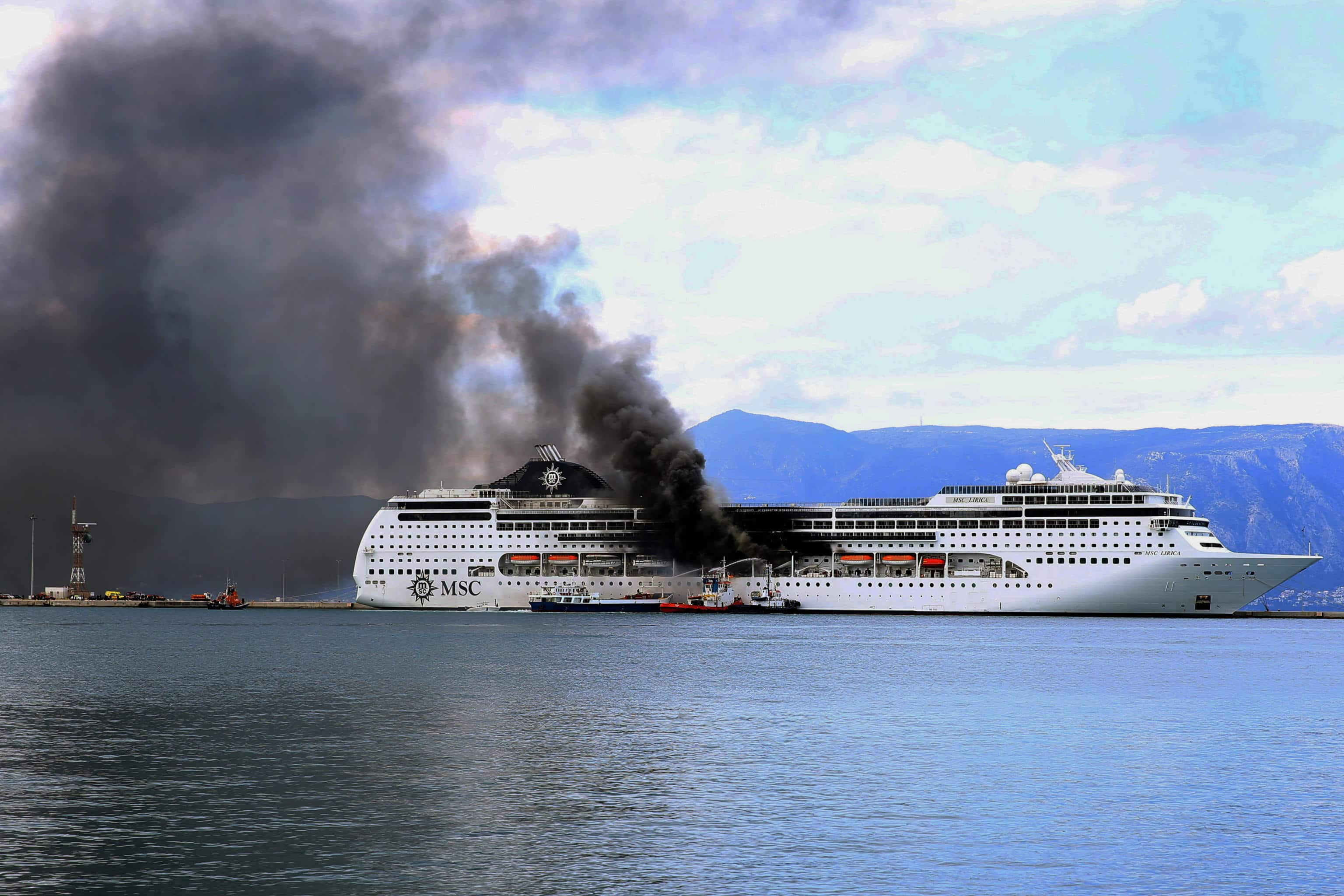 epa09069959 A fire broke out  on the 'MSC Lirica' cruiseship on 12 March 2021, while it was tied at the Corfu port, Ionian Sea, Greece, since January 30 for the winter season. Onboard were crew members only. The cause of the fire, which broke out at starboard, was not made known as of this writing. Firefighters were trying to put out the blaze.  EPA/STAMATIS KATAPODIS