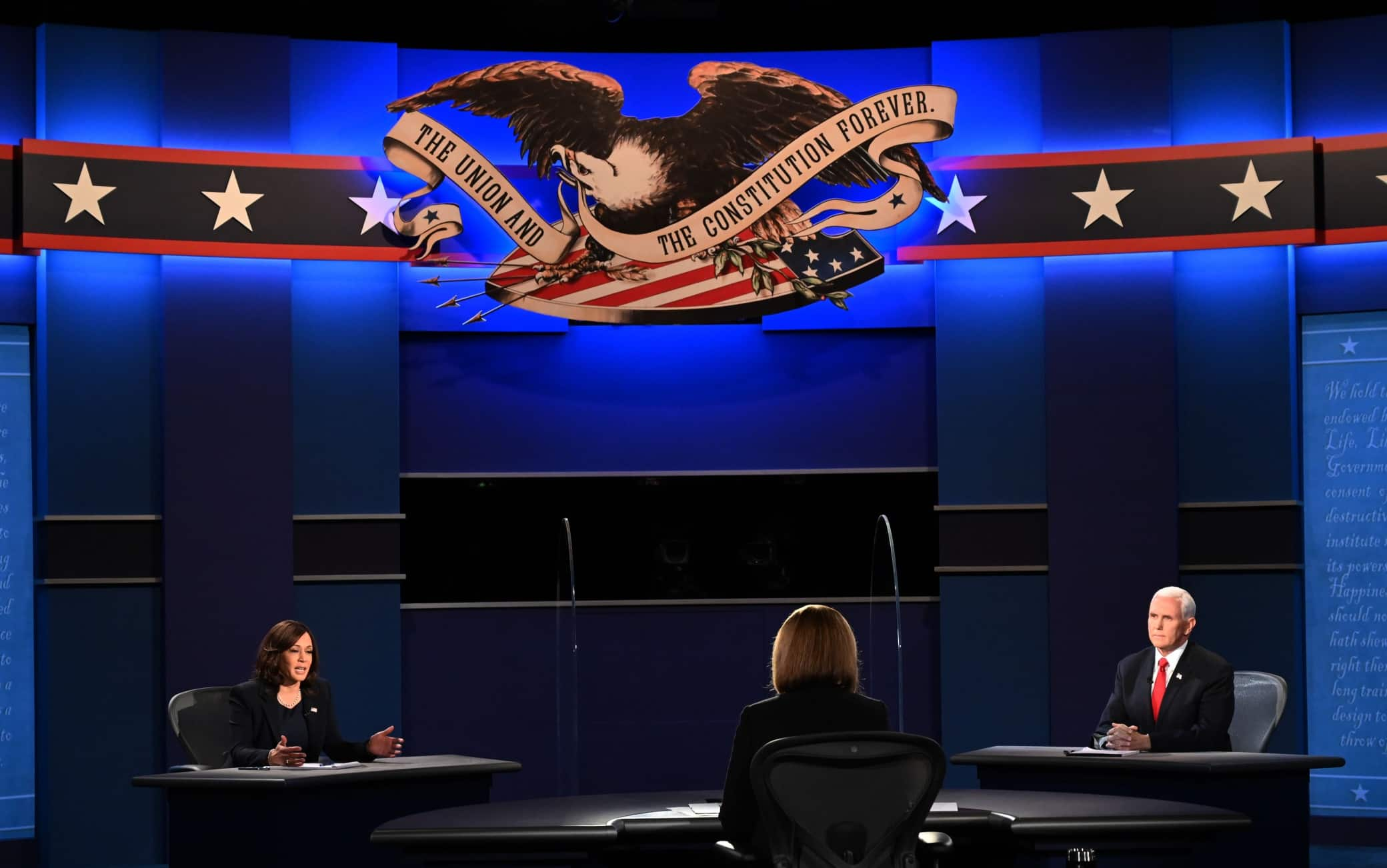 US Vice President Mike Pence (R) and US Democratic vice presidential candidate Kamala Harris speak during the vice presidential debate in Kingsbury Hall at the University of Utah on October 7, 2020, in Salt Lake City, Utah. (Photo by Eric BARADAT / AFP) (Photo by ERIC BARADAT/AFP via Getty Images)