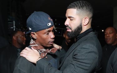 LOS ANGELES, CA - FEBRUARY 10:  Travis Scott (L) and Drake backstage during the 61st Annual GRAMMY Awards at Staples Center on February 10, 2019 in Los Angeles, California.  (Photo by Rich Fury/Getty Images for The Recording Academy)