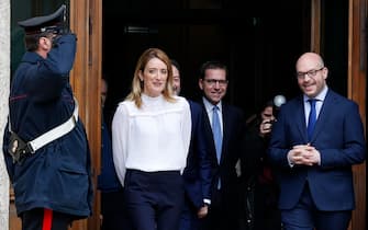 The president of the European Parliament, Roberta Metsola along with the president of the Chamber of Deputies, Lorenzo Fontana at the end of their meeting at the Chamber of Deputies, Rome, 17 February 2023.
ANSA/FABIO FRUSTACI