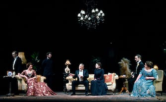 John Heffernan (as Stephen Undershaft), Paul Ready (as Adolpuus Cusins) , Simon Russell Beale (as Andrew Undershaft) Clare Higgins (as Lady Britomart Undershaft) , Haley Atwell (as Barbara Undershaft)Tom Andrews (as Charles Lomax) and Jessica Gunning (as Sarah Undershaft) in the production "Major Barbara" at the National Theatre in London. (Photo by robbie jack/Corbis via Getty Images)