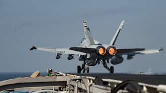 epa05594079 A handout photograph made available by the US Department of Defense (DoD) on 20 October 2016 showing a F/A-18C Hornet assigned to the Wildcats of Strike Fighter Squadron (VFA) 131 launching from the flight deck of the aircraft carrier USS Dwight D. Eisenhower (CVN 69) (Ike) in the Persian Gulf on 16 October 2016. US and coalition military forces continued to attack Islamic State of Iraq and the Levant terrorists in Syria and Iraq on 19 October 2016, Combined Joint Task Force Operation Inherent Resolve officials reported, on 20 October 2016.  EPA/Seaman Christopher A. Michaels / DoD / HANDOUT USS Dwight D. Eisenhower (CVN 69) HANDOUT EDITORIAL USE ONLY/NO SALES