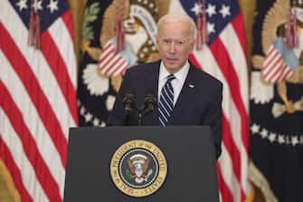 U.S. President Joe Biden speaks during a news conference in the East Room of the White House in Washington, D.C., U.S., on Thursday, March 25, 2021. Biden's first formal news conference is a high-stakes test for a president facing questions about two recent mass shootings, a surge in migrant children at the U.S. southern border and the ongoing pandemic. Photographer: Oliver Contreras/Sipa/Bloomberg via Getty Images
