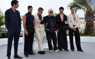 CANNES, FRANCE - MAY 17:  George Steane, Jason Fernández, Ethan Hawke, Director Pedro Almodovar, José Condessa and Manuel Rios attend the "Strange Way Of Life" photocall at the 76th annual Cannes film festival at Palais des Festivals on May 17, 2023 in Cannes, France. (Photo by Dominique Charriau/WireImage)