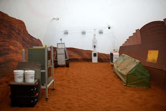 A simulated Mars exterior portion of the CHAPEA's Mars Dune Alpha at the Johnson Space center in Houston, Texas on April 11, 2023. - CHAPEA's Mars Dune Alpha is a 3D printed habitat designed to serve as an analog for one-year missions. (Photo by Mark Felix / AFP) (Photo by MARK FELIX/AFP /AFP via Getty Images)