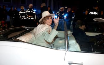 ROME, ITALY - JANUARY 19: Thomas Raggi of Maneskin arrives at Palazzo Brancaccio on a vintage car for the Maneskin "Rush!" presentation  on January 19, 2023 in Rome, Italy. (Photo by Franco Origlia/WireImage)