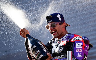 epa11725949 Prima Pramac rider Jorge Martin of Spain celebrates his win of the MotoGP World Championship on the podium after he finished third in the MotoGP race in the Motorcycling Solidarity Grand Prix of Barcelona, in Barcelona, Spain, 17 November 2024. The Motorcycling Solidarity Grand Prix of Barcelona is held at the Circuit de Barcelona-Catalunya racetrack on 17 November 2024 replacing the Grand Prix of Valencia season ender.  EPA/Siu Wu