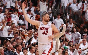 MIAMI, FL - MAY 21: Kevin Love #42 of the Miami Heat reacts during Round 3 Game 3 of the Eastern Conference Finals 2023 NBA Playoffs against the Boston Celtics on May 21, 2023 at the Kaseya Center in Miami, Florida. NOTE TO USER: User expressly acknowledges and agrees that, by downloading and or using this Photograph, user is consenting to the terms and conditions of the Getty Images License Agreement. Mandatory Copyright Notice: Copyright 2023 NBAE (Photo by Issac Baldizon/NBAE via Getty Images)