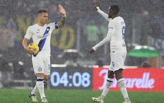 Rome, Italy 10.01.2024: Marcus Thuram of Inter score the goal 2-2 and celebrate with Lautaro Martinez of Inter during the Italy Serie A TIM 2023-2024 football match AS Roma vs FC Internazionale Milan at Olympic Stadium in Rome.
