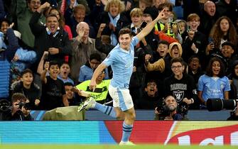 epa10870428 Julian Alvarez of Manchester City celebrates after scoring the 1-1 during the UEFA Champions League Group G match between Manchester City and Red Star Belgrade in Manchester, Britain, 19 September 2023.  EPA/ADAM VAUGHAN