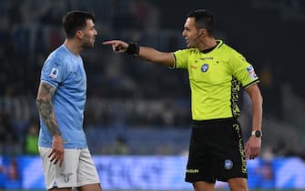 Alessio Romagnoli of S.S. Lazio and Referee Marco di Bello during the 27th day of the Serie A Championship between S.S. Lazio vs A.C. Milan, 1 March 2024 at the Olympic Stadium in Rome.