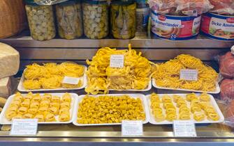 Fresh handmade pasta in a city centre shop, Bologna, Emilia Romagna, Italy