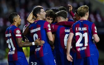 epa10870309 FC Barcelona's striker Joao Felix (C) jubilates with his teammates after scoring the 1-0 goal during the UEFA Champions League group H soccer match between FC Barcelona and Royal Antwerp FC, in Barcelona, Catalonia, Spain, 19 September 2023.  EPA/Enric Fontcuberta