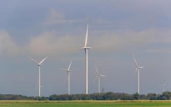 Wind Turbines Against Cloudy Sky, Industrial Lanscape, Renewable  Energy, Environment