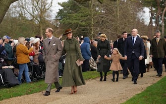 (left to right) The Duke and Duchess of Edinburgh, Zara Tindall, Lena Tindall and Mike Tindall attending the Christmas Day morning church service at St Mary Magdalene Church in Sandringham, Norfolk. Picture date: Monday December 25, 2023. (Photo by Joe Giddens/PA Images via Getty Images)