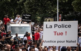 NANTERRE, FRANCE - JUNE 29: Mounia, mother of the French teenager killed by police, attends a memorial march for her son Nahel  on June 29, 2023 in Nanterre, France. A French teenager of North African origin was shot dead by police on June 27th, the third fatal traffic stop shooting this year in France - causing nationwide unrest and clashes with police forces. On June 28th, the victim's family called for a memorial march starting at Nanterre's main police station on June 29th. (Photo by Abdulmonam Eassa/Getty Images)