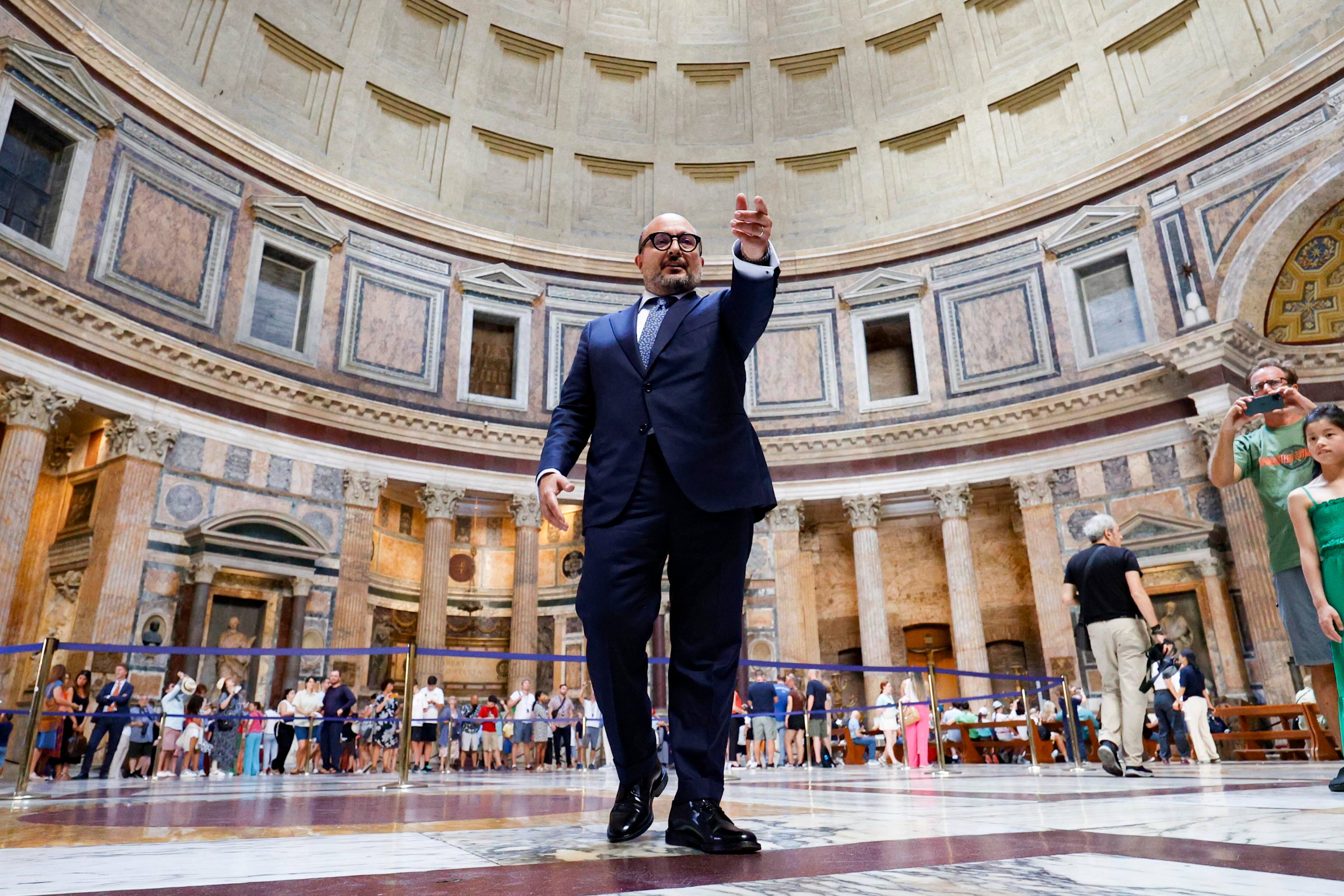 Italian Culture Minister Gennaro Sangiuliano during his visit at the Pantheon where from today tourists will pay the entrance fee for visiting, Rome, Italy July 03, 2023.ANSA/FABIO FRUSTACI.