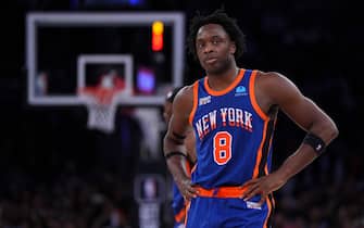NEW YORK, NEW YORK - JANUARY 27: OG Anunoby #8 of the New York Knicks looks on against the Miami Heat at Madison Square Garden on January 27, 2024 in New York City. NOTE TO USER: User expressly acknowledges and agrees that, by downloading and or using this photograph, User is consenting to the terms and conditions of the Getty Images License Agreement. (Photo by Mitchell Leff/Getty Images)